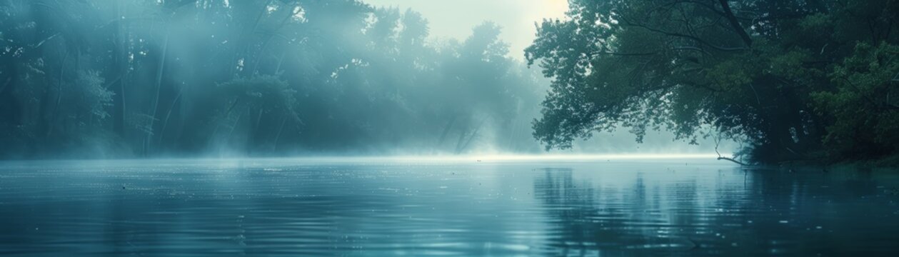 A tranquil riverbank with a gradient background shifting from deep teal to soft periwinkle