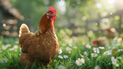 Macro photography of a chicken hen standing on the lawn.