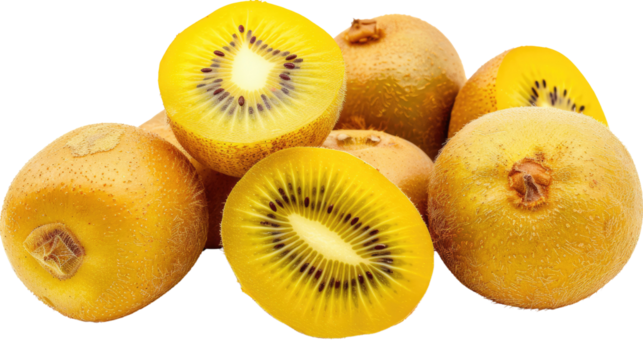 Photograph of a cluster of golden kiwis, their sunny yellow flesh and intricate black seeds providing a refreshing contrast against a transparent background.