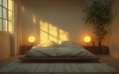 A Modern Bedroom With White Bedding, Wooden Furniture, and Soft Warm Lighting During Golden Hour