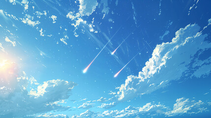3 shooting stars in the blue sky with clouds