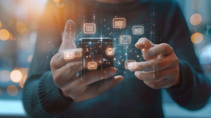 Businessman online using mobile payment with financial icons Financial innovation technology develops smart e-commerce services and growing digital transactions. digital marketing