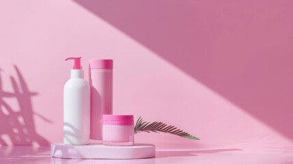 Cosmetic products displayed on pink background with empty space
