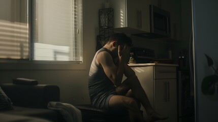 Obraz premium Stressed young man sitting in dimly-lit kitchen, head in hands, appears anxious.