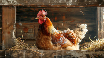 A chicken hen is nesting in the wooden box coop, 
professional angle shoot photography. 