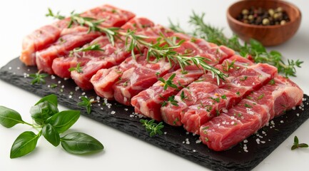 Raw pork, cooked, decorated, vegetables, tomatoes, lemons, etc. arranged cut into bone-in pieces on a white plate.