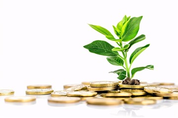 Green Plant Growing on Stack of Gold Coins