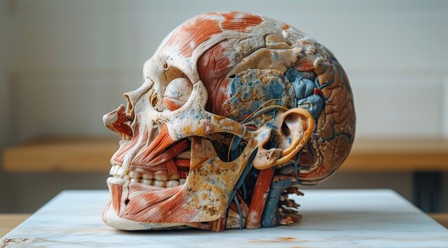 Scientific 3D human illustration of internal vascular system muscles, brain, bones, internal organs.
