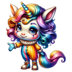 Whimsical Rainbow Pierrot Unicorn in Colorful Costume - Cute and Fantasy Character Illustration