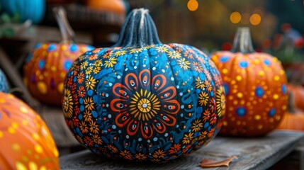 festive pumpkin art, vibrant pumpkin with creative artwork showcased at fall festivals painting competition adds to festive ambiance