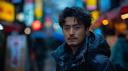 Obraz premium A young man in a city street during the rain, looking pensive and deep in thought amidst the urban life and illuminated signs, contemplating the hustle and energy of the city.