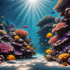 Obraz premium An underwater scene of a vibrant coral reef. Colorful fish swim among the corals, and sunlight filters through the water, creating a beautiful play of light and shadows.