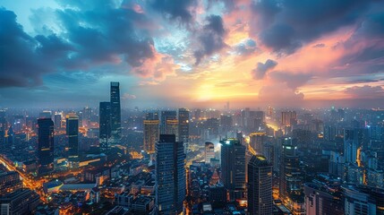 Obraz premium Urban skyline with towering skyscrapers and a bustling city below, captured at dusk