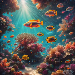 Obraz premium An underwater scene of a vibrant coral reef. Colorful fish swim among the corals, and sunlight filters through the water, creating a beautiful play of light and shadows.