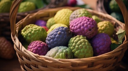 Colorful custard apples arranged in basket.