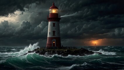 Obraz premium About a stormy night where the lighthouse beacon cuts through the darkness, guiding ships to safety ai_generated