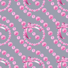 Seamless pattern of watercolor shiny pink pearls jewelry, frame gift bow. Glamour, marine, tropical theme. Painted elements on grey background. Hand drawn illustration. Summer. For fabric, wrapping