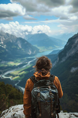 Naklejka premium Mountain travel man hike walk with backpack around the mountain