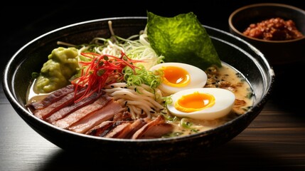 Delicious ramen bowl with assorted toppings