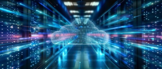 Fototapeta premium A dynamic digital backdrop features flowing light trails and cloud data, illustrating the vastness of the internet. This concept captures the energy of modern technology.