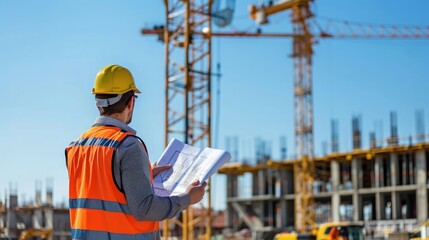 Construction site with engineer examining blueprints and a crane in the background, symbolizing industry, development, and architecture.