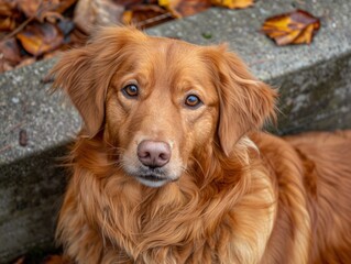 Obraz premium Brown, Shaggy-Furred Dog Amidst Autumn Leaves and Urban Setting
