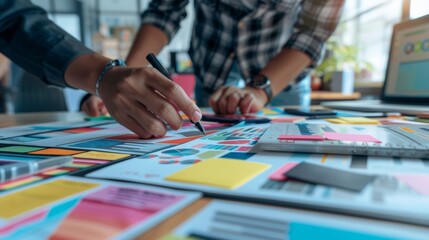 Fototapeta premium Close-up photo of a ux developer and UI designer using augmented reality brainstorming on designing a mobile app interface layout on a table at a modern office. of creative 