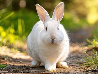 White Rabbit Peacefully Resting Outdoors