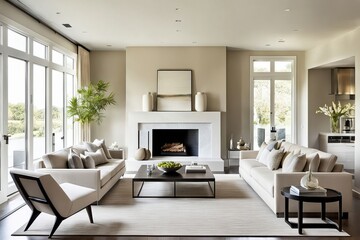 Fototapeta premium Natural light illuminating a modern living room with elegant neutral decor.