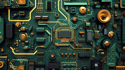 Fototapeta premium Robotics Circuit Board An abstract representation of a robotics circuit board with mechanical elements and electronic components.