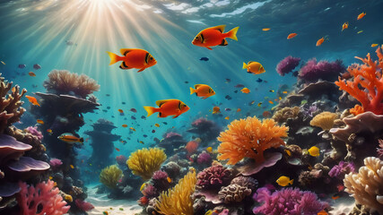 Obraz premium An underwater scene of a vibrant coral reef. Colorful fish swim among the corals, and sunlight filters through the water, creating a beautiful play of light and shadows.