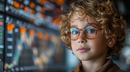 Children interested in the stock market Stock chart display, investing, finances as a child