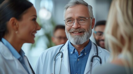Senior Male Doctor Smiling While Talking to Colleagues in a Medical Setting