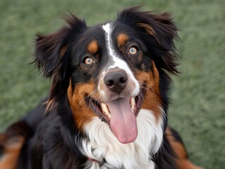 Playful Black and Brown Dog with White Markings Lying on Grass