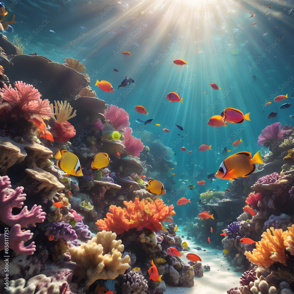 Wall mural An underwater scene of a vibrant coral reef. Colorful fish swim among the corals, and sunlight filters through the water, creating a beautiful play of light and shadows. - Wall murals