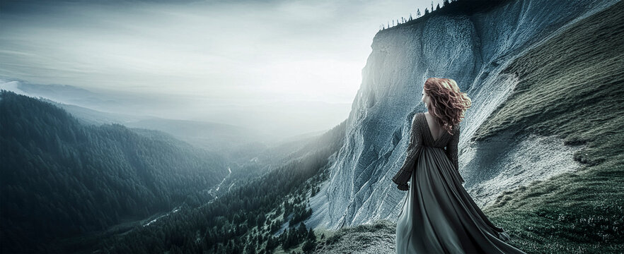 mulher olha para uma bel&iacute;ssima paisagem no inicio do inverno com uma vestido medieval ao vento