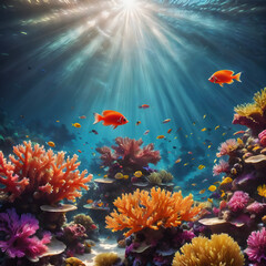 An underwater scene of a vibrant coral reef. Colorful fish swim among the corals, and sunlight filters through the water, creating a beautiful play of light and shadows.