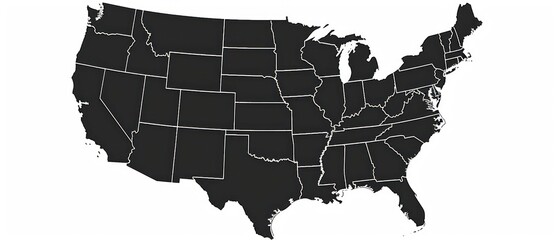 An artistic representation of the U.S. map in black and white, emphasizing the borders of each state for clarity and simplicity.