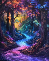 Fototapeta premium Fantasy world with luminous trees, glowing rivers, Bright Colors, Fluid Strokes, Magical details