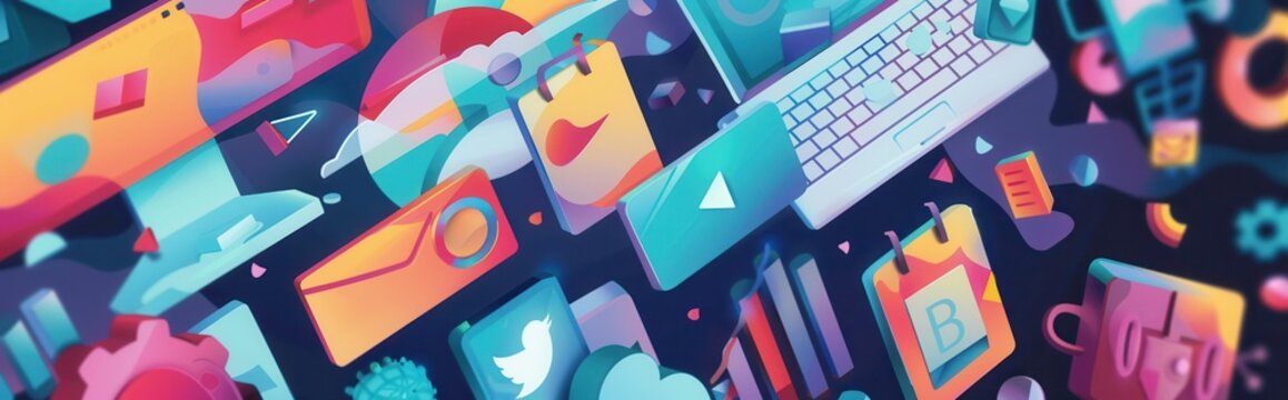 theme of a social media marketing, e - commerce, digital, global, a cumputer showcasing proccess and success.