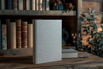 A dynamic mockup of a hardcover book on a wooden table, with a blank cover and spine, set in a cozy reading nook with a warm light, perfect for book cover designs