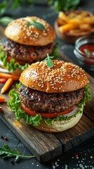 Juicy Burger: Burger stacked high with fresh lettuce, tomato, cheese, and a soft sesame bun. 