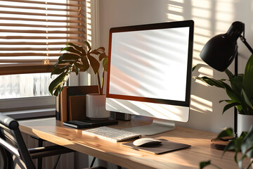 Fototapeta premium A high-resolution mockup of a desktop computer screen with a blank webpage, set in a modern office environment with a clean desk setup, ideal for web design presentations