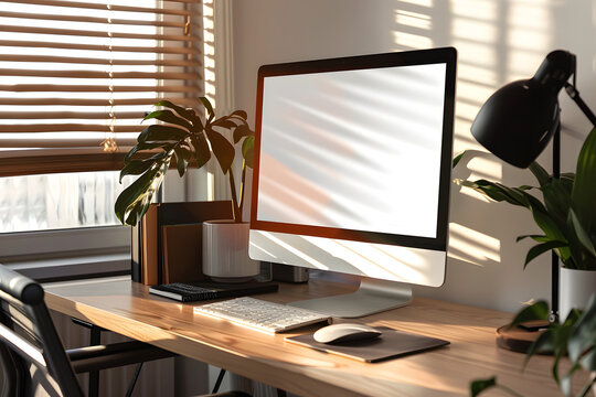 A high-resolution mockup of a desktop computer screen with a blank webpage, set in a modern office environment with a clean desk setup, ideal for web design presentations