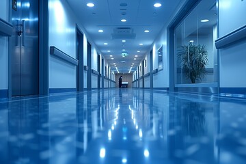 Empty Hospital Corridor With Bright Lights and Shiny Floor