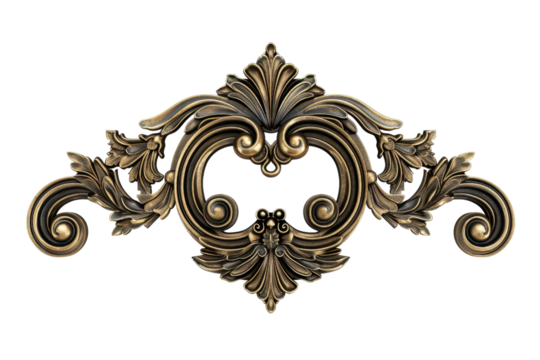 Intricate vintage ornamental element with swirling floral design in gold tones. Perfect for decorative and design purposes.