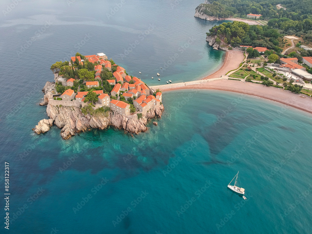 Wall mural aerial view on sveti stefan monastery in montenegro.