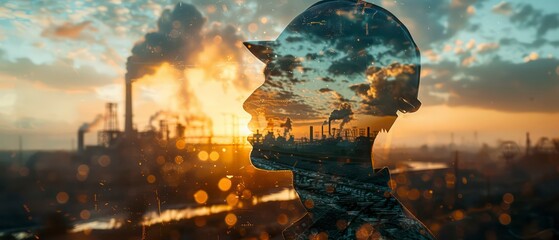 A striking double exposure image blends a miner's silhouette with a rugged mine landscape, capturing the essence of hard work and nature's beauty.