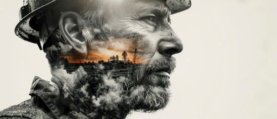 A striking double exposure image blends a miner's silhouette with a rugged mine landscape, capturing the essence of hard work and nature's beauty.