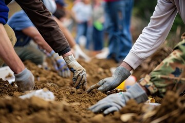 Hands working together in soil, teamwork and community service